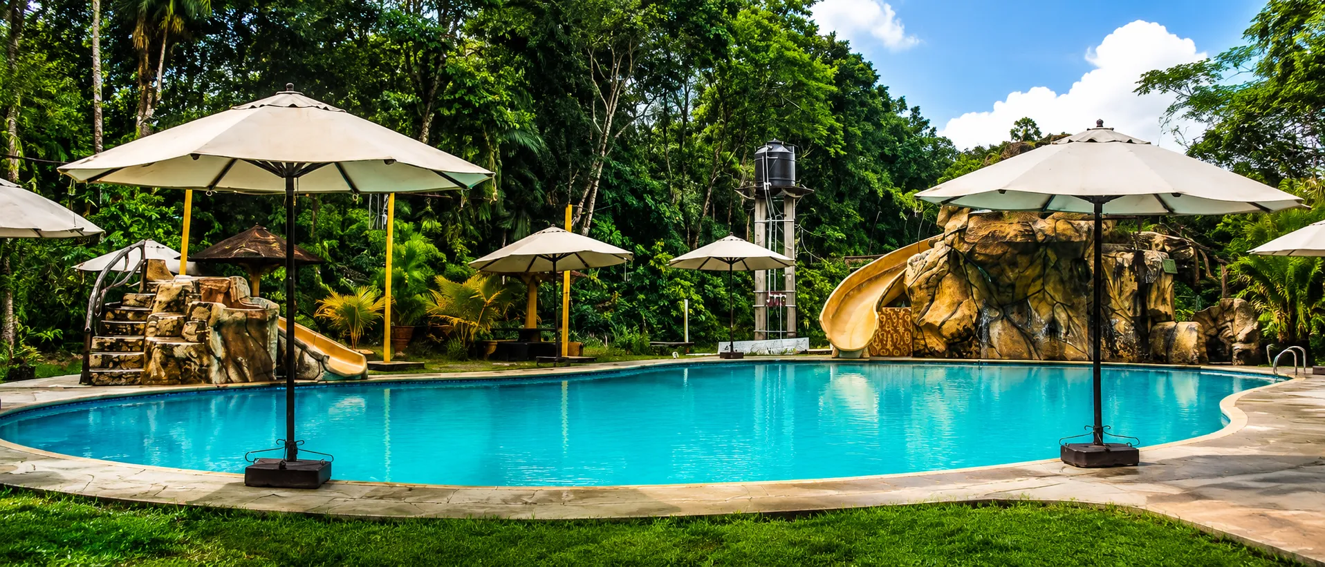 Piscina con tobogán rodeada de naturaleza